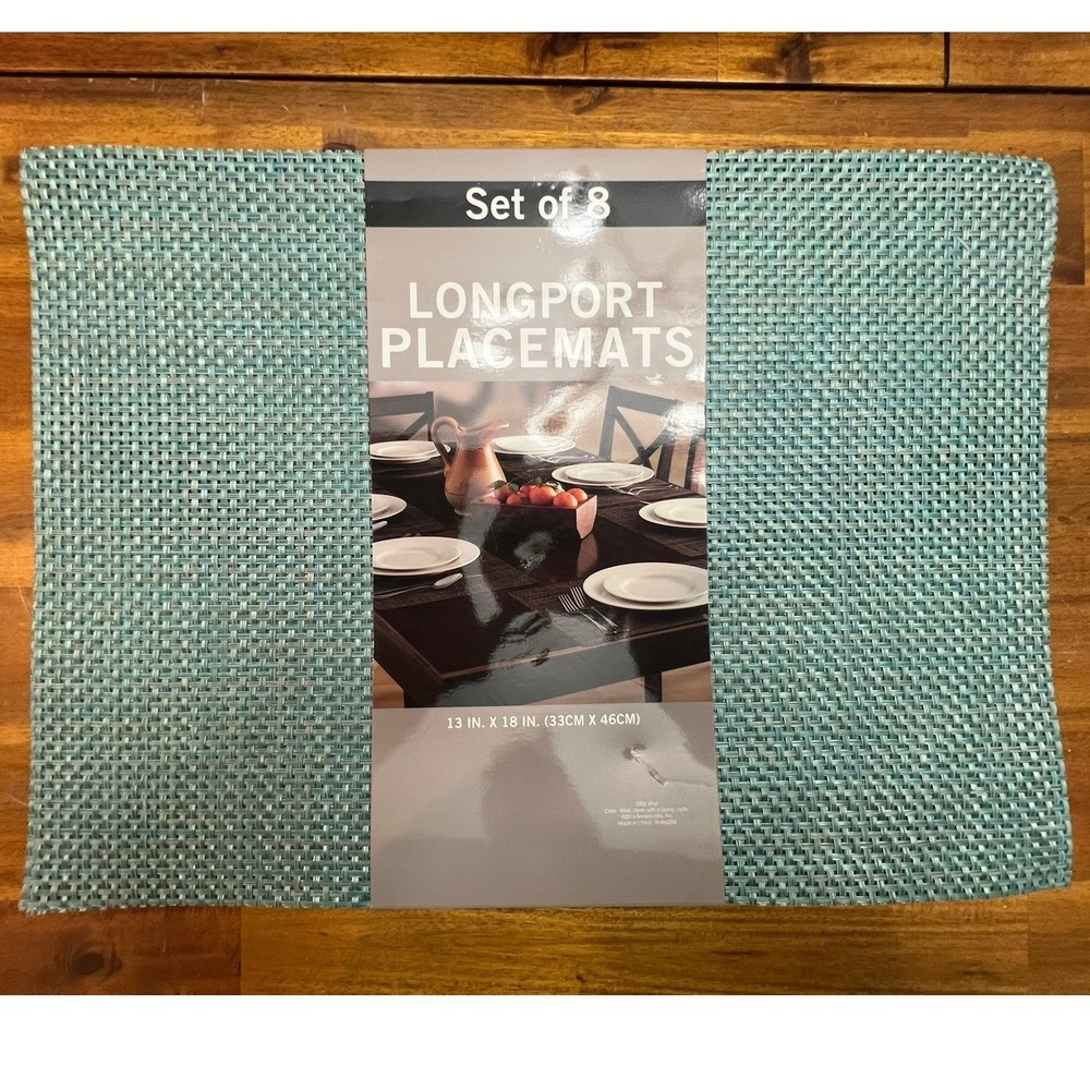 Benson Mills Longport Placemats Set of 8 Teal Blue Brand New Woven Vinyl 13x18in